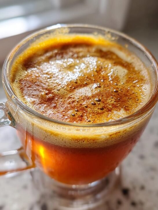 Close-up of a warm Maple Cinnamon Hot Buttered Rum Mocktail topped with foam and cinnamon spice.