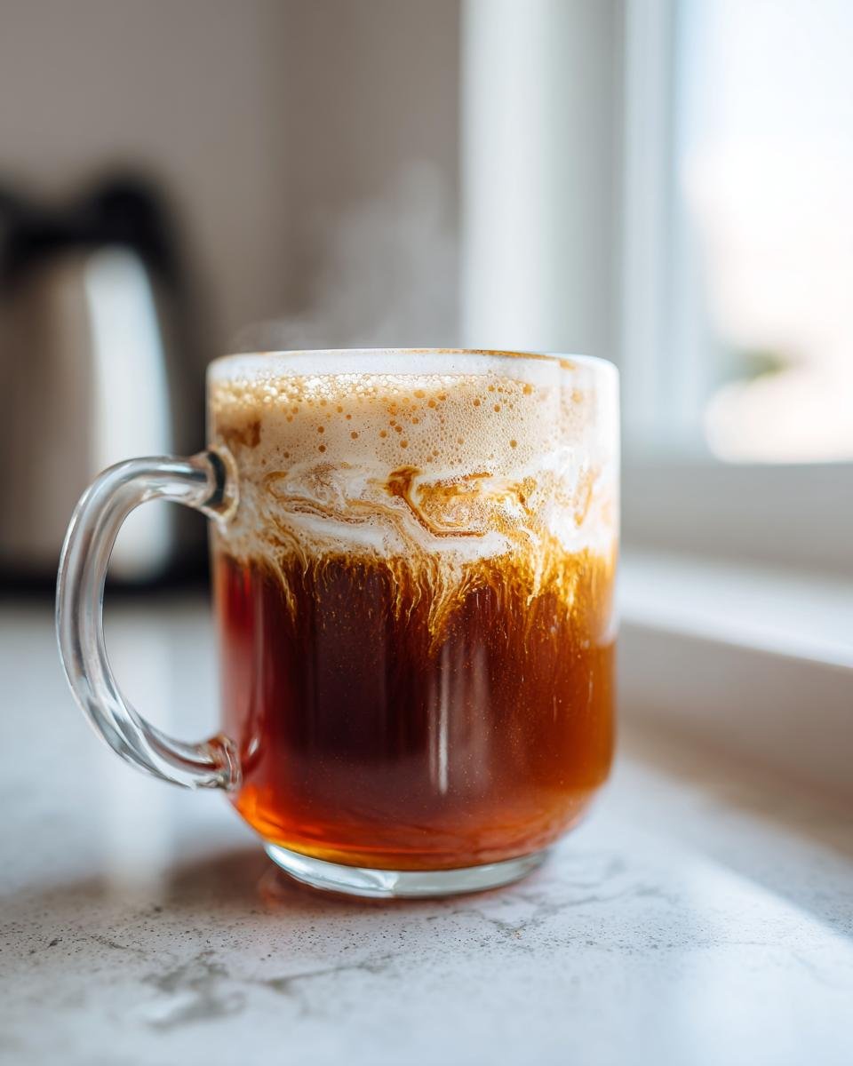 Close-up of a steaming Maple Cinnamon Hot Buttered Rum Mocktail in a clear glass mug with creamy topping swirling into the dark liquid.