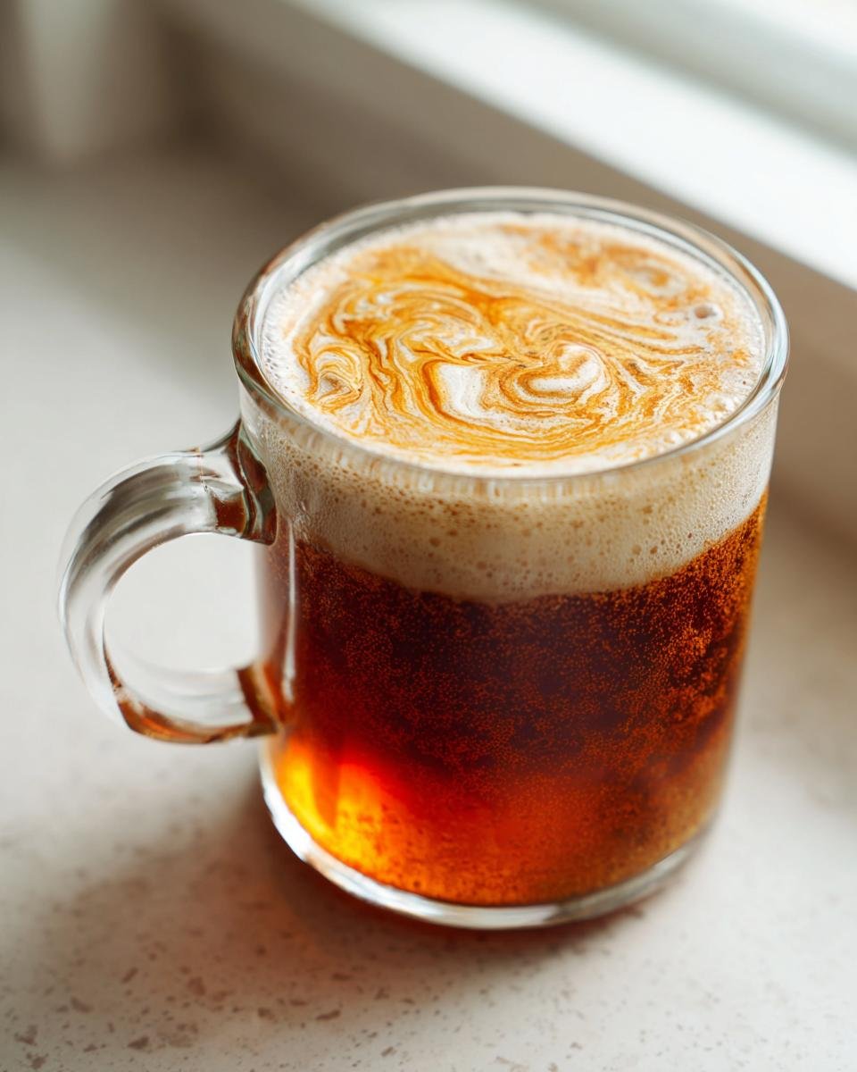 Close-up of a Maple Cinnamon Hot Buttered Rum Mocktail topped with foamy butter swirls in a clear glass mug.