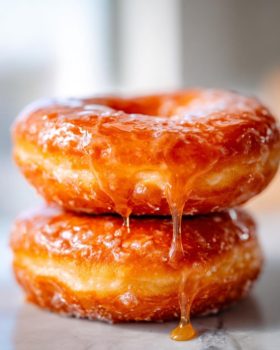 Two stacked baked Maple Glazed Pumpkin Donuts with thick, amber glaze dripping down the sides.