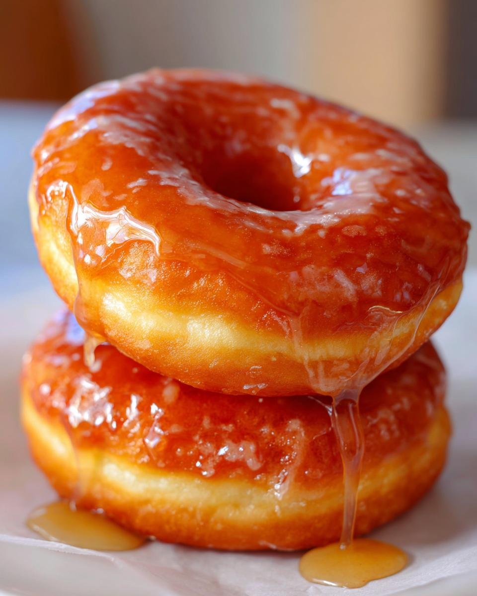 Close-up of two stacked Maple Glazed Pumpkin Donuts with thick, shiny maple glaze dripping down the sides.