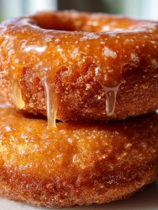 Two stacked, golden-brown Maple Glazed Pumpkin Donuts with thick, dripping maple icing.