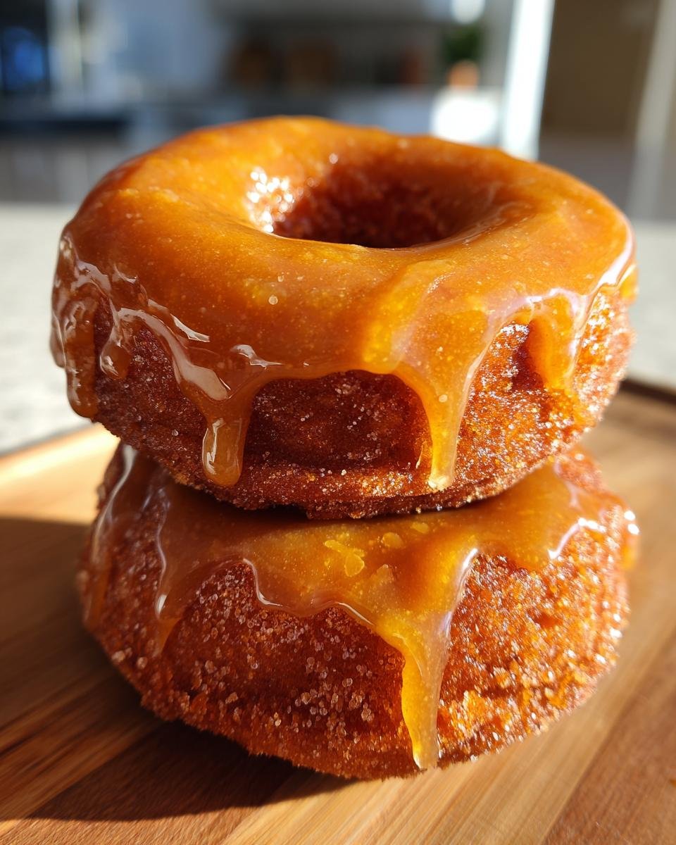 Close-up of two Maple Glazed Pumpkin Donuts stacked, dripping with shiny amber glaze.