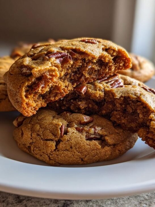 Close-up of soft Maple Pecan Brown Butter Cookies on a white plate, one cookie is broken in half showing the chewy interior.