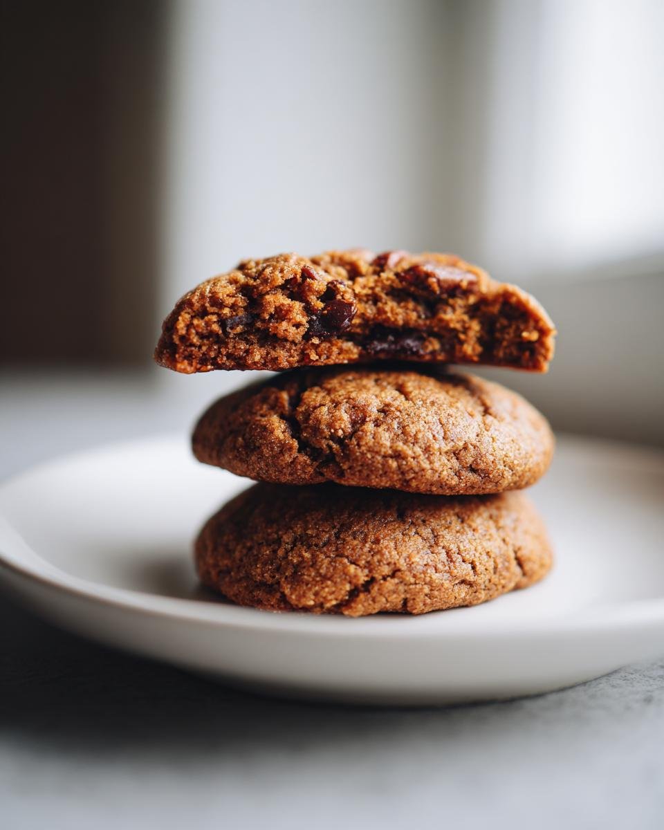 A stack of three Maple Pecan Brown Butter Cookies, with the top one broken open to show the chewy interior and chocolate chips.
