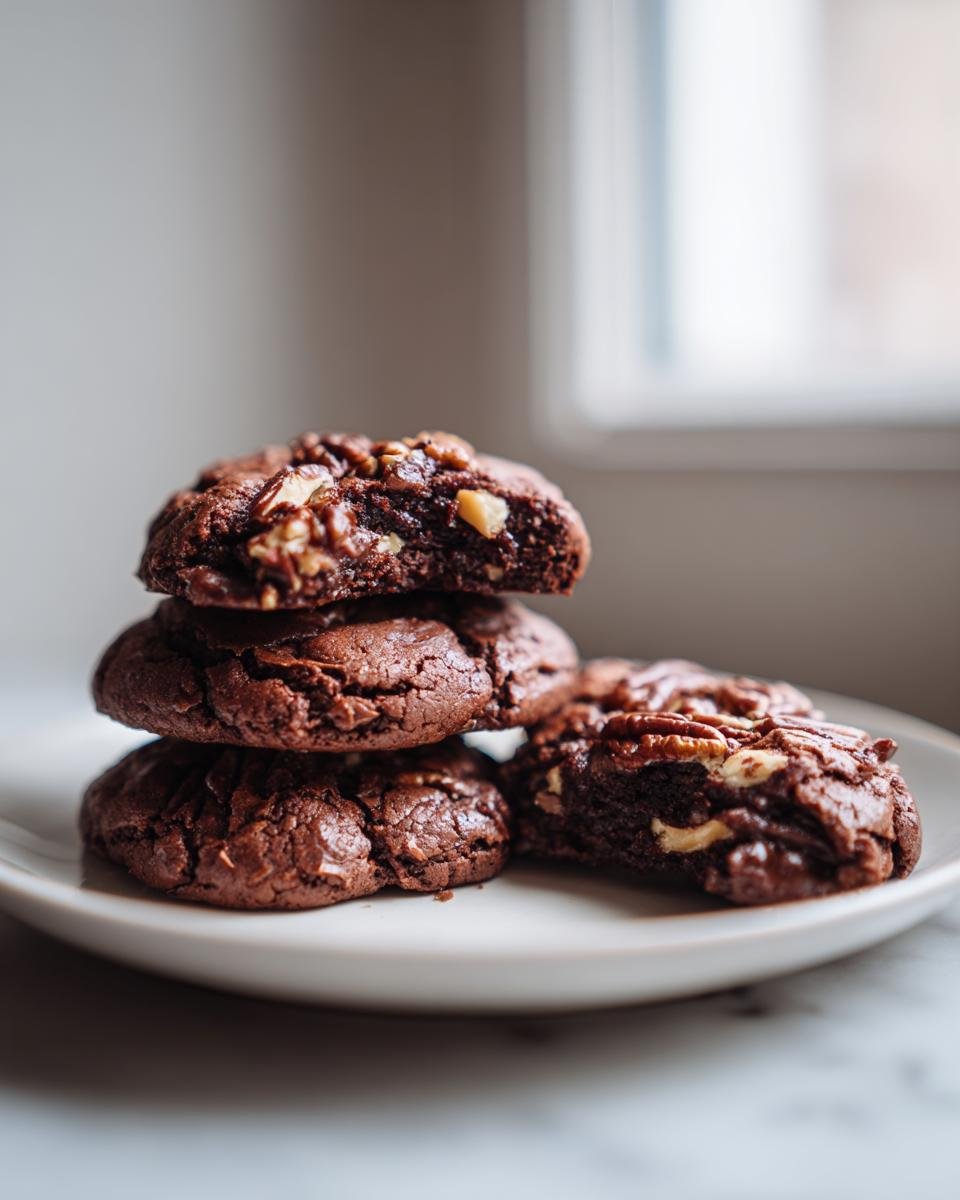 A stack of rich, fudgy Maple Pecan Brown Butter Cookies on a white plate, one broken open showing pecans inside.