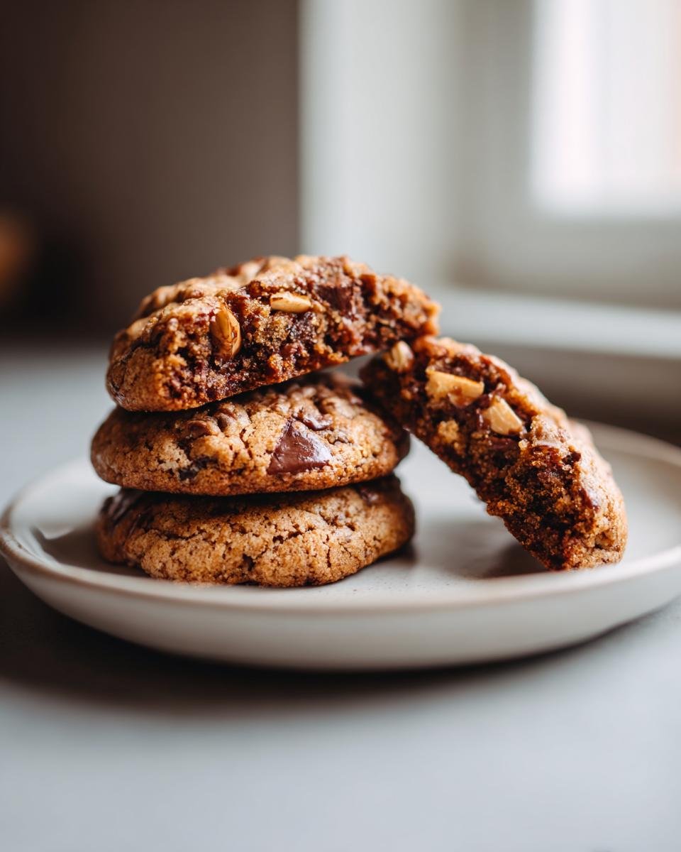 A stack of three Maple Pecan Brown Butter Cookies, with the top one broken in half to show the chewy interior and pecans.