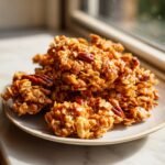 Close-up of sticky, caramelized clusters of Maple Pecan Granola mixed with whole pecans on a small plate.