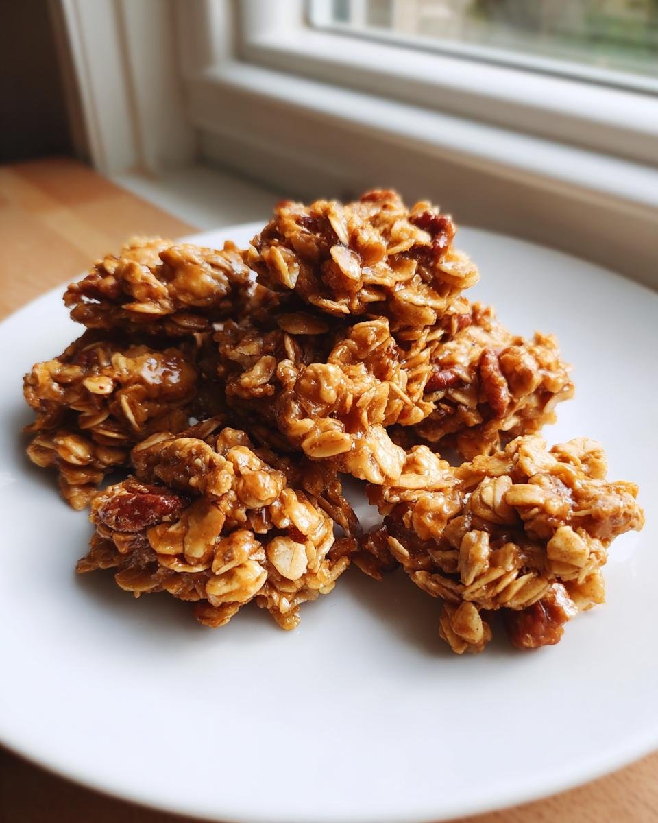 Close-up of sticky, clustered Maple Pecan Granola pieces containing oats and pecans on a white plate.