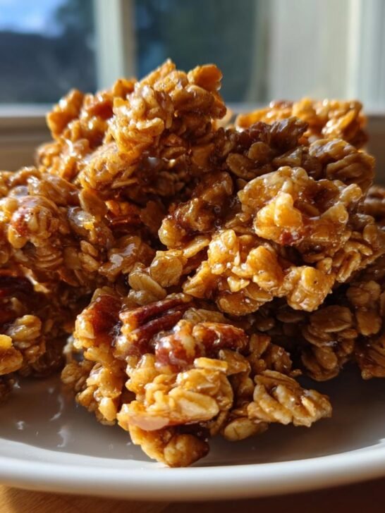 Close-up of sticky, clustered Maple Pecan Granola pieces with visible oats and pecans on a white plate.