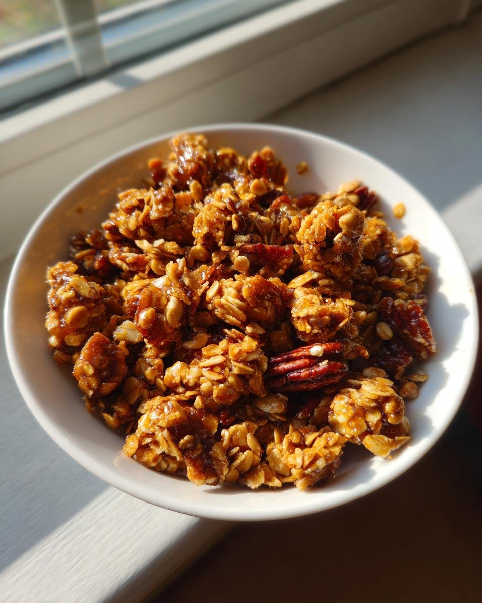 Close-up of crunchy Maple Pecan Granola clusters in a white bowl, glistening in natural sunlight.