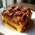A close-up of a serving of Maple Pecan Sweet Potato French Toast Casserole drizzled with syrup.