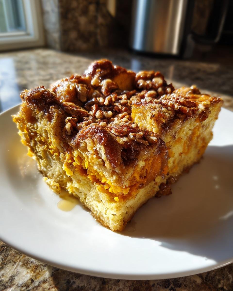 Two squares of Maple Pecan Sweet Potato French Toast Casserole topped with pecans and syrup on a white plate.