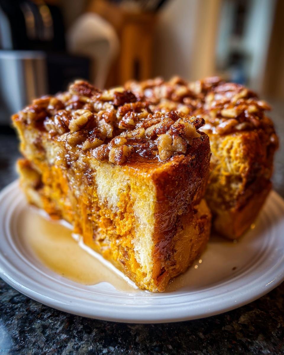 A thick slice of Maple Pecan Sweet Potato French Toast Casserole topped with glazed pecans, sitting in syrup on a white plate.