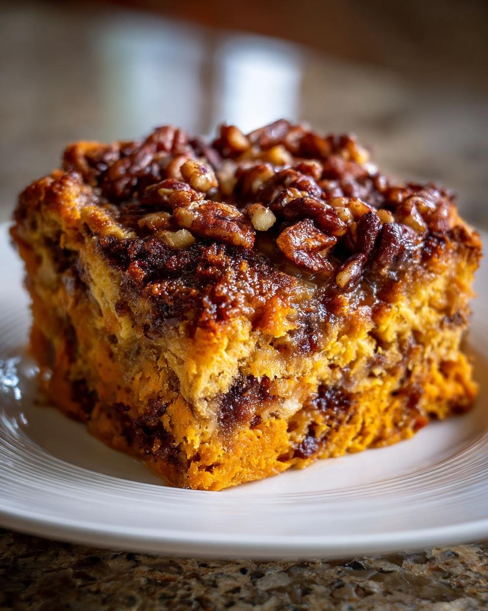 A close-up of a square serving of Maple Pecan Sweet Potato French Toast Casserole topped with glazed pecans.