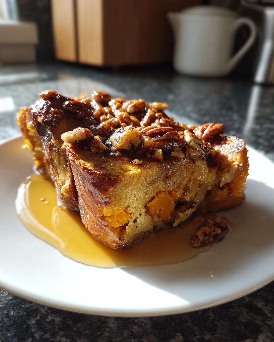 A serving of Maple Pecan Sweet Potato French Toast Casserole drizzled with syrup and topped with pecans.