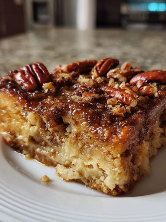 A square serving of Maple Pecan Sweet Potato French Toast Casserole topped with pecans and glaze on a white plate.