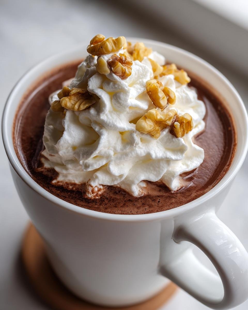 Close-up of rich Maple Walnut Hot Chocolate topped with whipped cream and chopped walnuts in a white mug.
