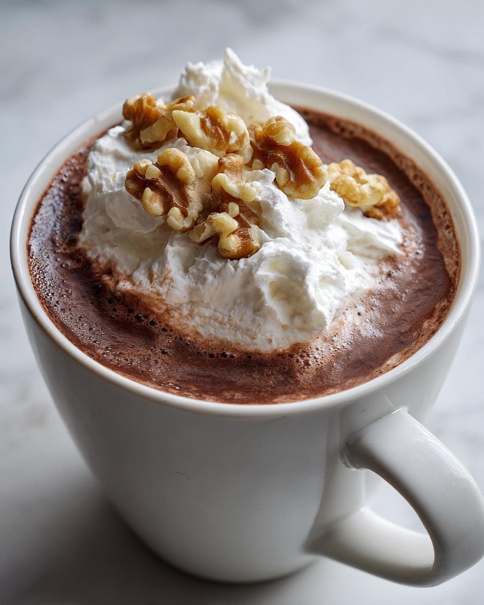 Close-up of a mug of rich Maple Walnut Hot Chocolate topped with whipped cream and walnuts.