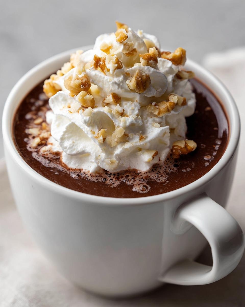 Close-up of rich Maple Walnut Hot Chocolate topped with whipped cream and chopped walnuts.