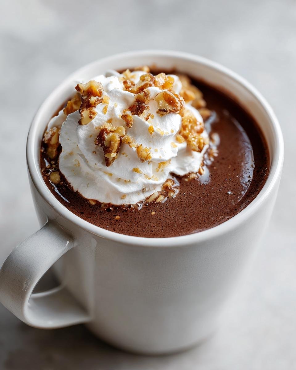 Close-up of rich Maple Walnut Hot Chocolate topped with whipped cream and chopped walnuts in a white mug.