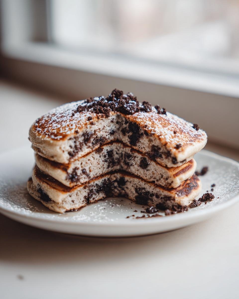 A stack of three fluffy One Bowl Fluffy Vegan Oreo Pancakes, cut open to show chocolate cookie pieces inside, topped with crumbs.
