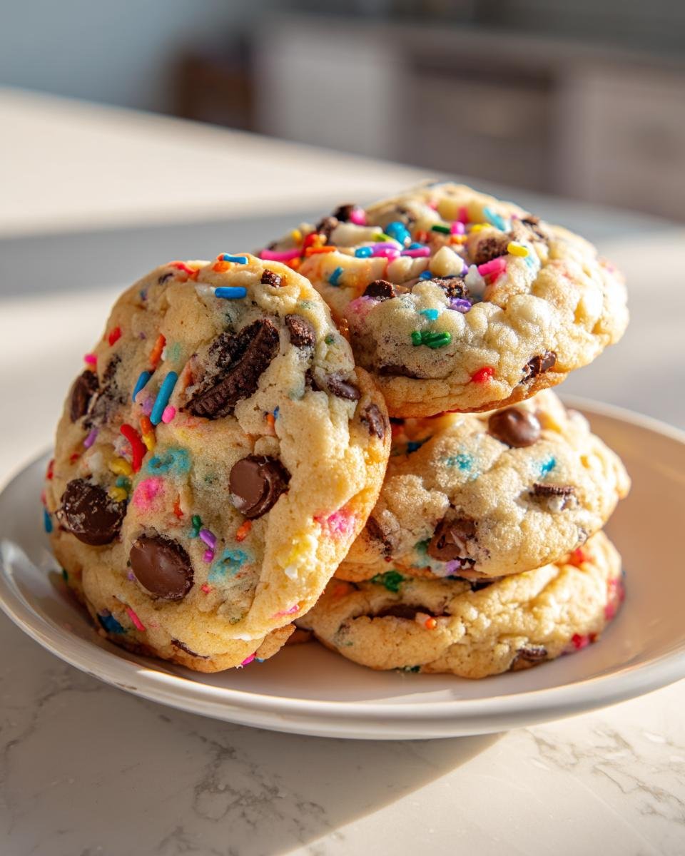 A stack of four chewy Oreo Funfetti Chocolate Chip Cookies loaded with sprinkles and chocolate chunks.