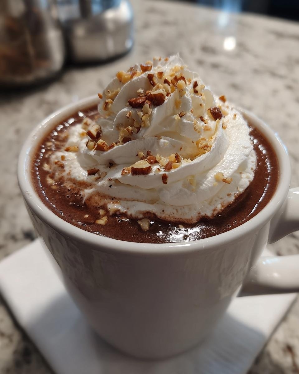 Close-up of a mug filled with rich Pecan Praline Hot Chocolate topped with whipped cream and chopped pecans.