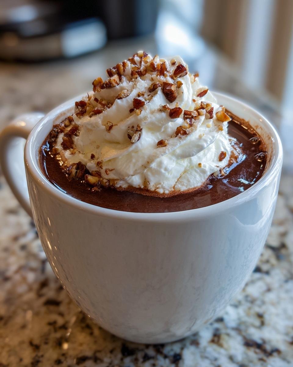 A rich, dark hot chocolate topped with whipped cream and chopped pecans, ready to enjoy.