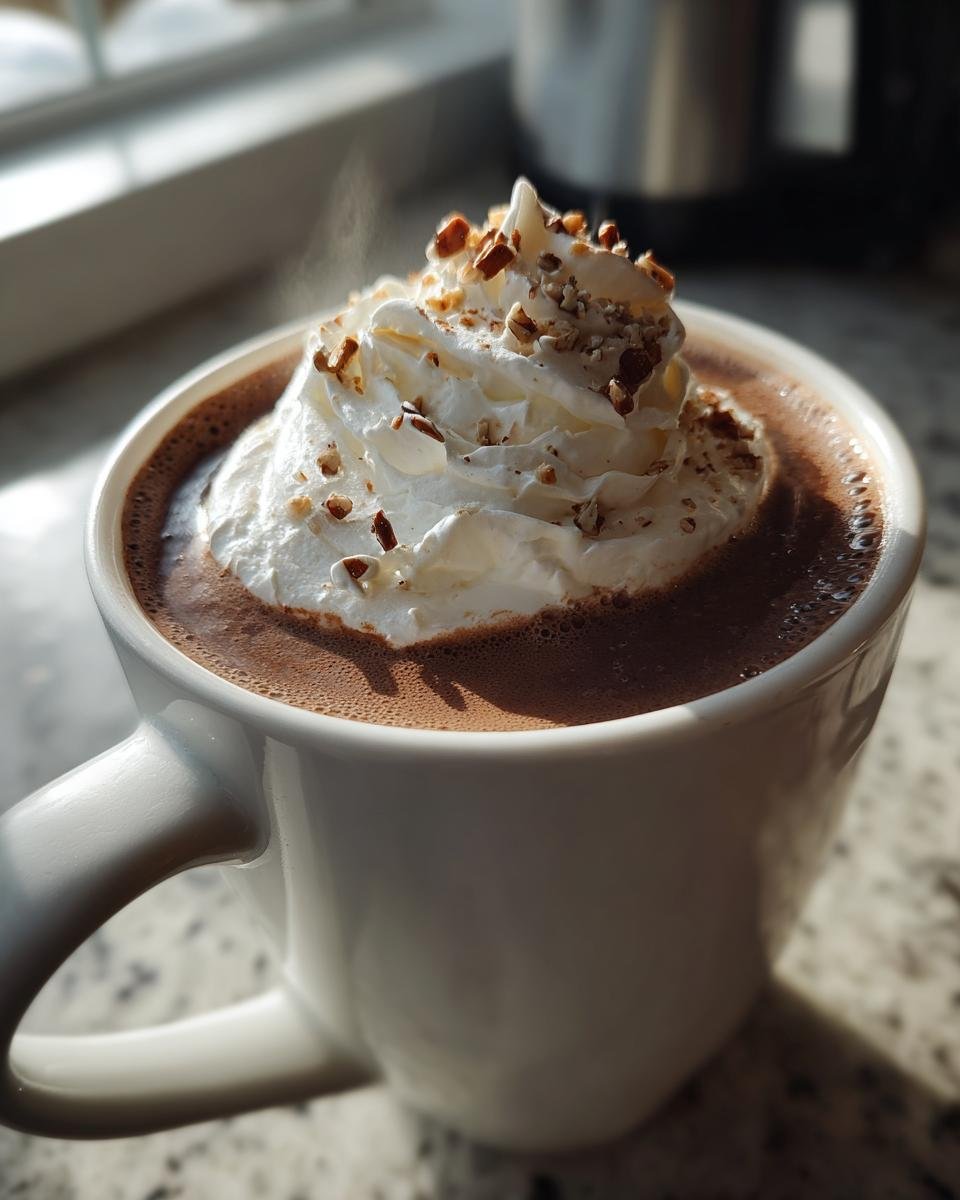 Close-up of steaming Pecan Praline Hot Chocolate topped with whipped cream and chopped pecans.
