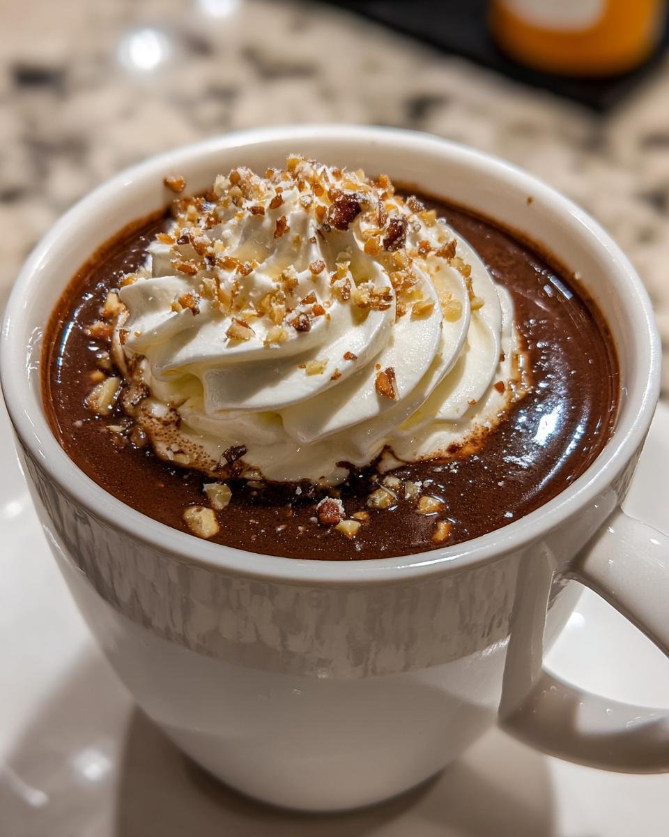Close-up of rich Pecan Praline Hot Chocolate topped with whipped cream and chopped pecans.