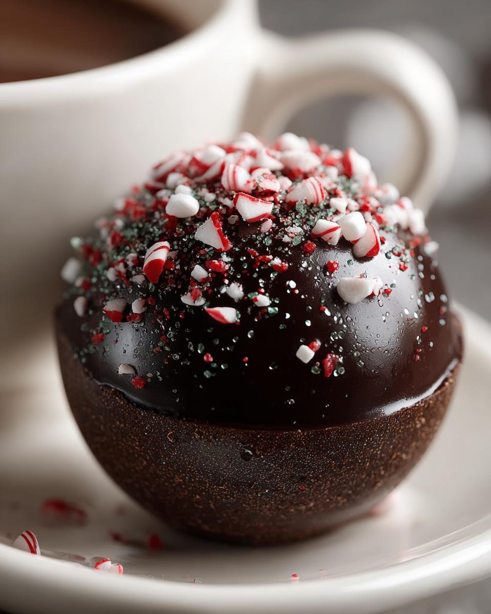 Close-up of a finished Peppermint Hot Cocoa Bombs, coated in dark chocolate and topped with crushed candy canes and sprinkles.