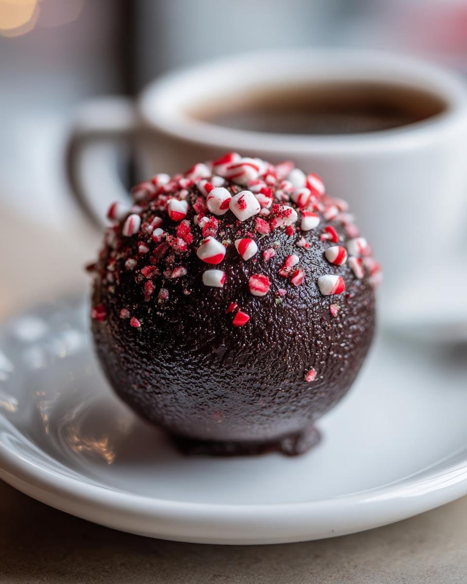 A single dark chocolate Peppermint Hot Cocoa Bombs topped with crushed red and white peppermint candies on a white saucer.