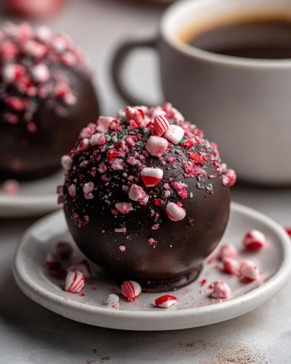 A finished Peppermint Hot Cocoa Bomb sits on a small white plate, covered in crushed candy canes, ready for hot milk.