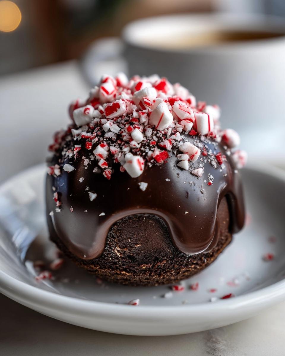 A finished Peppermint Hot Cocoa Bombs, coated in dark chocolate ganache and topped with crushed candy canes.