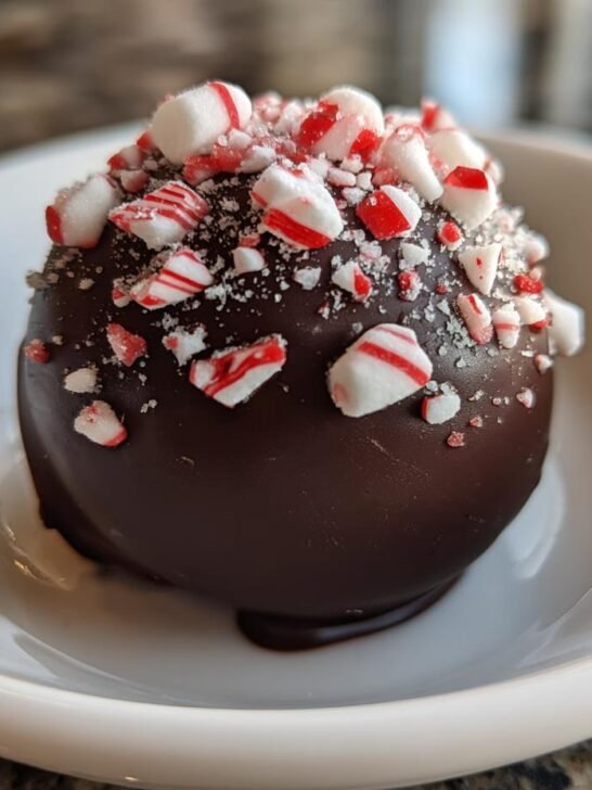 A finished Peppermint Hot Cocoa Bombs, coated in dark chocolate and topped with crushed candy canes, resting in a white bowl.