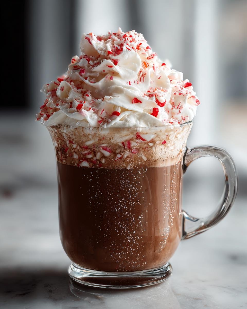 A rich Peppermint White Chocolate Mocha in a glass mug, topped high with whipped cream and crushed candy canes.