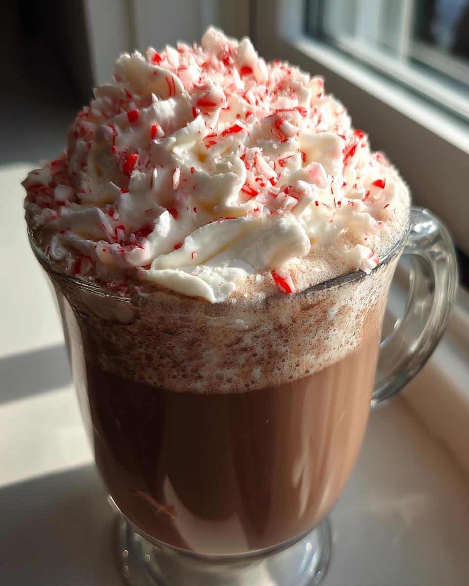 Close-up of a rich Peppermint White Chocolate Mocha topped with whipped cream and crushed candy canes.