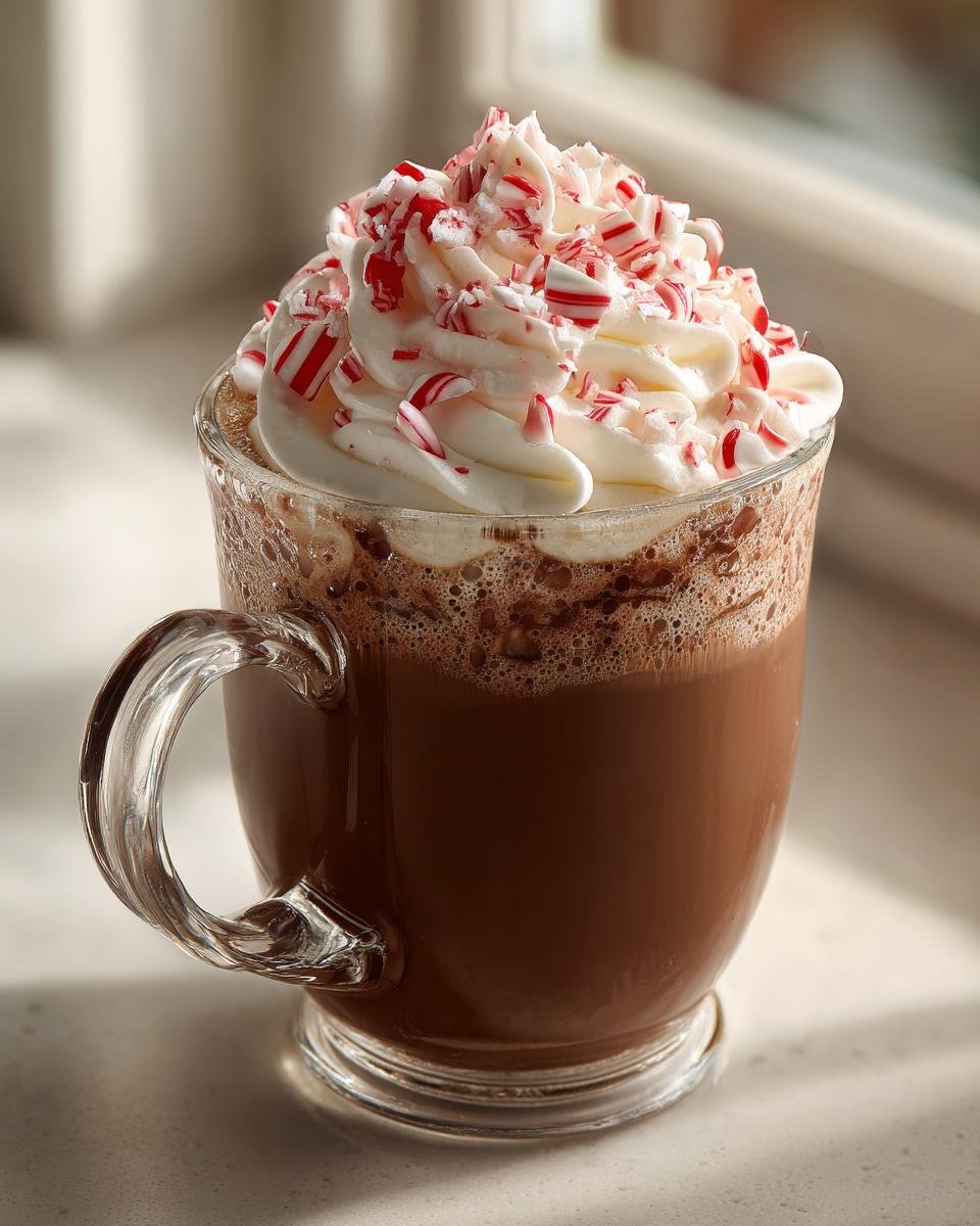 A rich Peppermint White Chocolate Mocha topped with whipped cream and crushed candy canes in a clear glass mug.