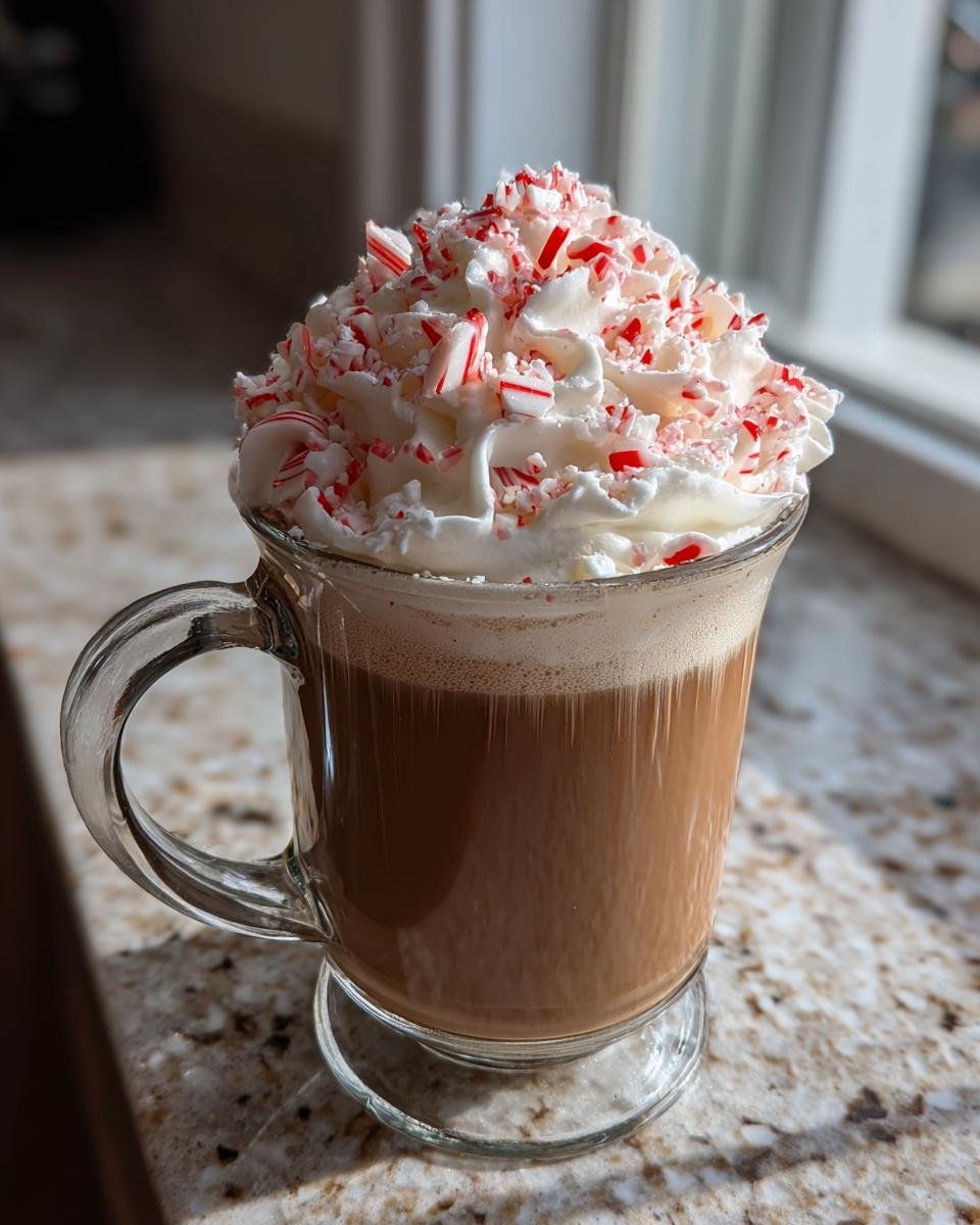A clear glass mug filled with Peppermint White Chocolate Mocha, topped high with whipped cream and crushed candy canes.