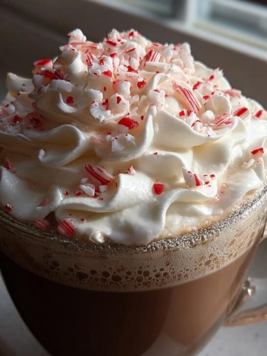 Close-up of a rich Peppermint White Chocolate Mocha topped with whipped cream and crushed candy canes.