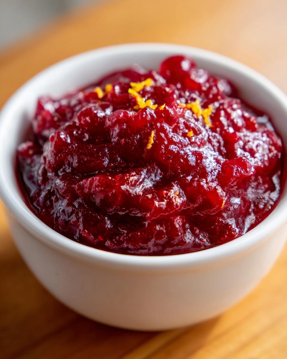 Close-up of a white bowl filled with rich, dark red The Perfect Apple Cranberry Sauce, topped with orange zest.