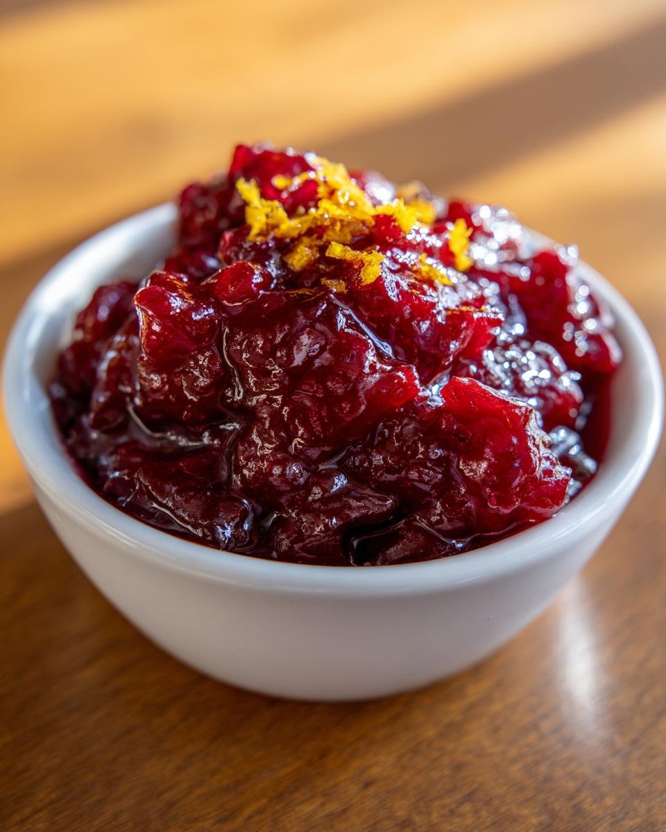 Close-up of The Perfect Apple Cranberry Sauce in a white bowl, topped with bright orange zest.