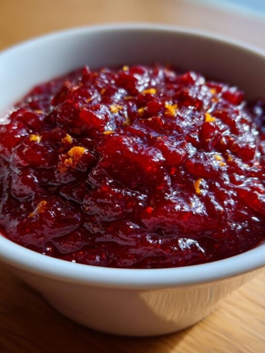Close-up of The Perfect Apple Cranberry Sauce, rich red and chunky, topped with orange zest in a white bowl.