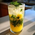 A tall, frosty glass filled with Pineapple Mint Lemonade, ice, mint leaves, and pineapple chunks.