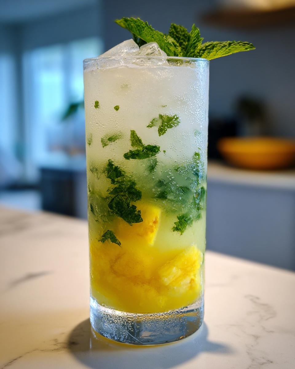 Tall glass of icy Pineapple Mint Lemonade with visible chunks of pineapple and fresh mint leaves.