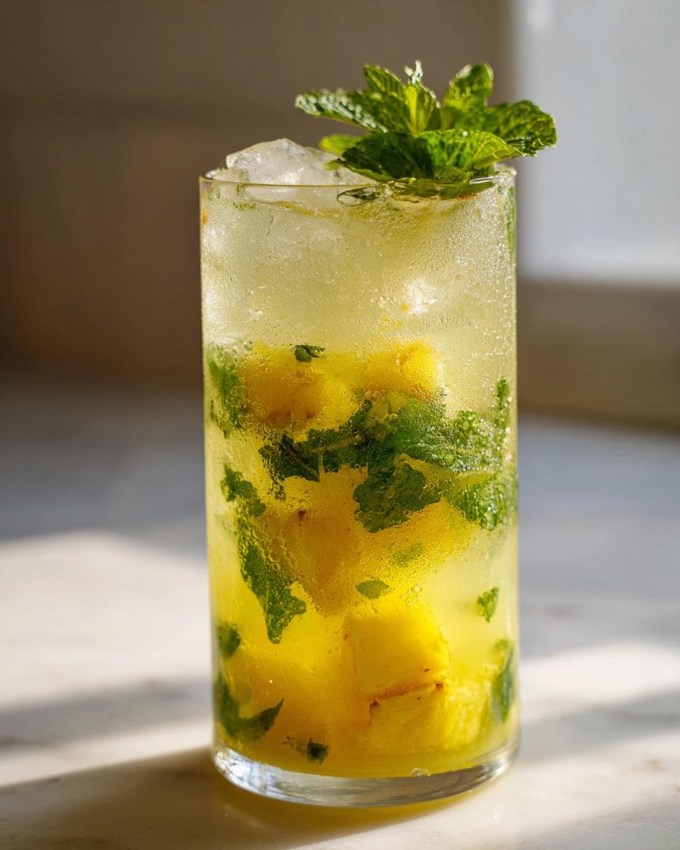 A tall, sweating glass filled with ice, chunks of pineapple, and fresh mint leaves for Pineapple Mint Lemonade.