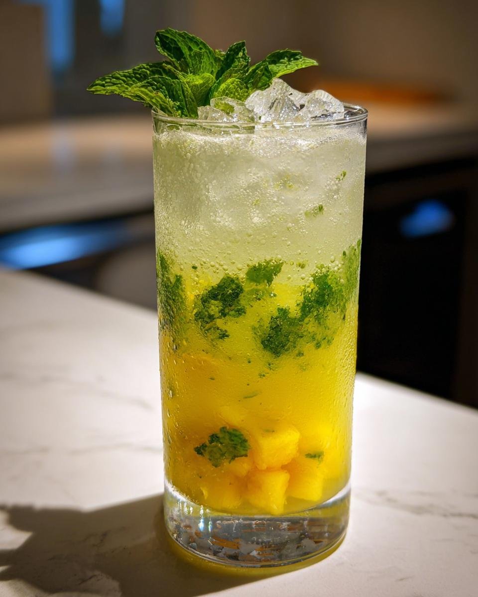 A tall, frosty glass filled with Pineapple Mint Lemonade, layered with pineapple chunks, muddled mint, and ice.
