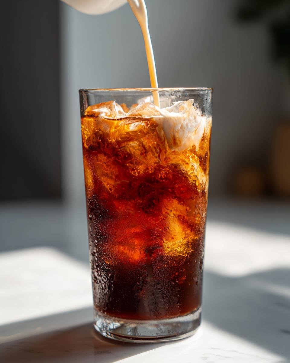 A stream of milk being poured into a tall glass filled with ice and dark chai concentrate for an Iced Chai Tea Latte.