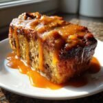 A close-up of a rich slice of Pumpkin Bread Pudding With Caramel Sauce drizzled generously.